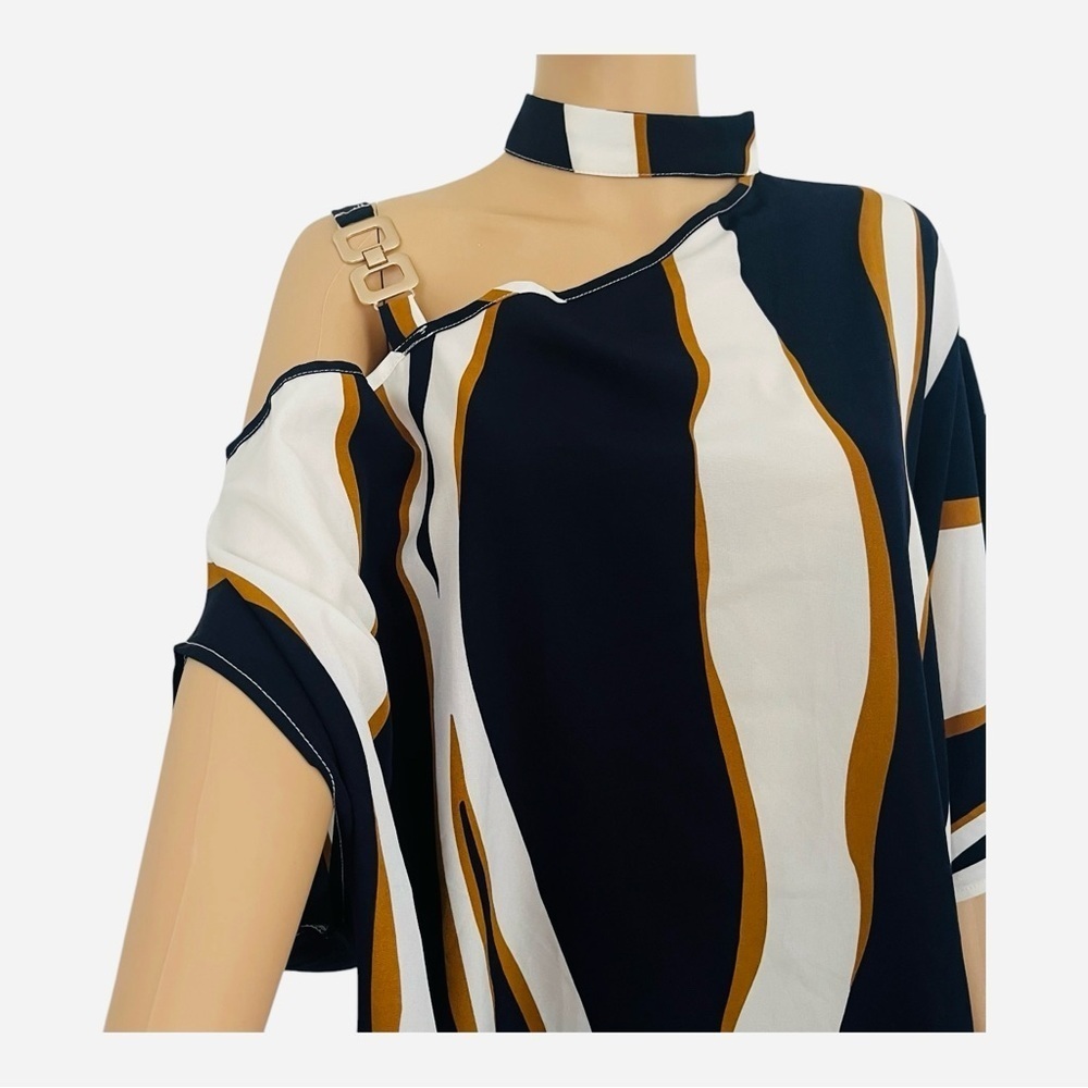 SHEIN asymmetrical neck batwing sleeve top shirt Lcolor block contemporary style - Picture 10 of 15